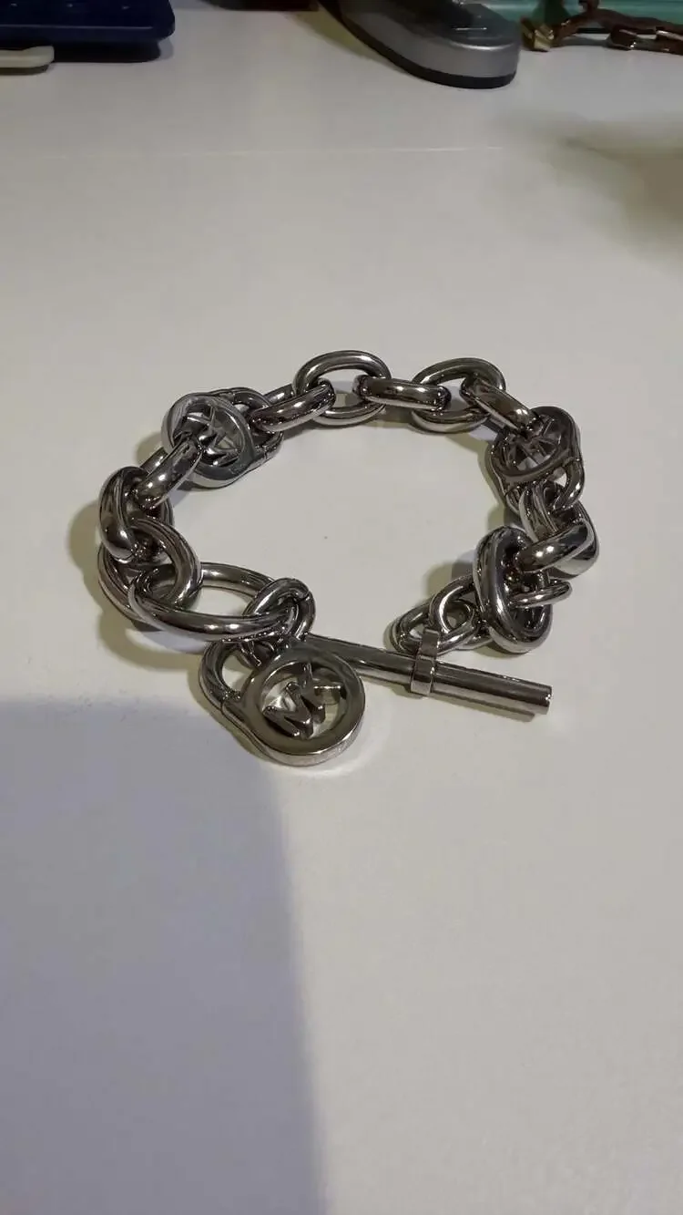 Michael Kors Silver-Tone Heritage Fulton Padlock Chain Toggle Bracelet